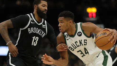 Giannis Antetokounmpo of the Milwaukee Bucks is defended by Markieff Morris of the Brooklyn Nets