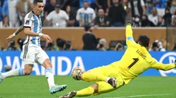 Angel Di Maria of Argentina scores the team's second goal past Hugo Lloris of France