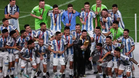 Lionel Messi of Argentina lifts the FIFA World Cup Trophy