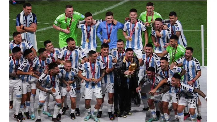 Lionel Messi of Argentina lifts the FIFA World Cup Trophy
