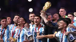 Lionel Messi of Argentina lifts the FIFA World Cup Qatar 2022 Winner's Trophy.