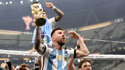 Lionel Messi of Argentina celebrates with the FIFA World Cup Qatar 2022 Winner's Trophy after the team's victory during the FIFA World Cup Qatar 2022 Final match between Argentina and France at Lusail Stadium on December 18, 2022 in Lusail City, Qatar.