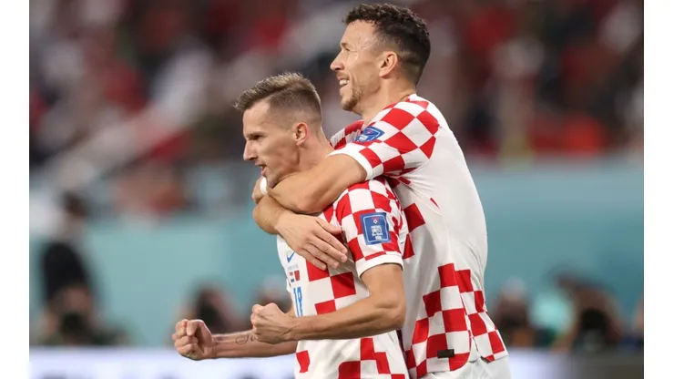 Mislav Orsic and Ivan Perisic of Croatia