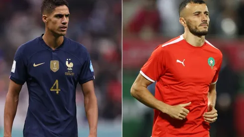Raphael Varane of France and Romain Saiss of Morocco