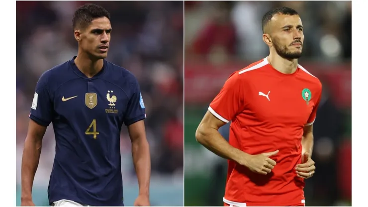 Raphael Varane of France and Romain Saiss of Morocco