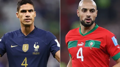 Raphael Varane of France and Sofyan Amrabat of Morocco