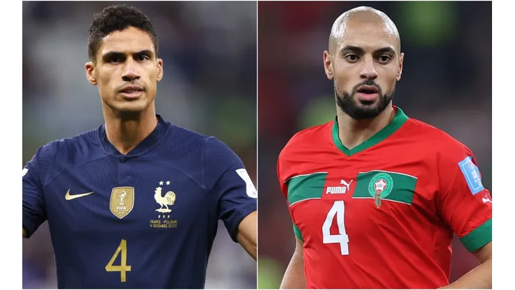 Raphael Varane of France and Sofyan Amrabat of Morocco