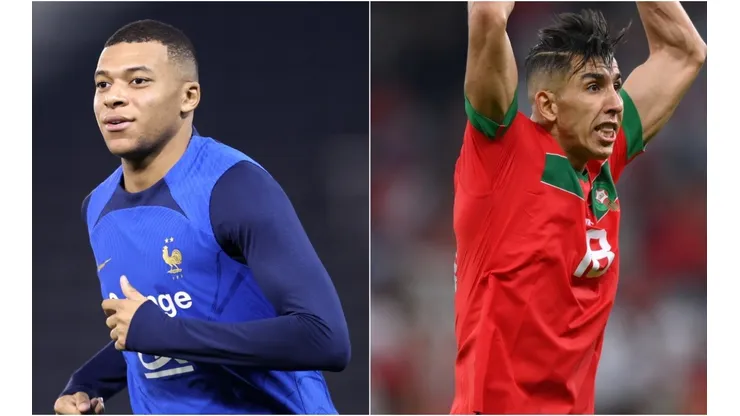 Kylian Mbappe of France and Jawad El Yamiq of Morocco