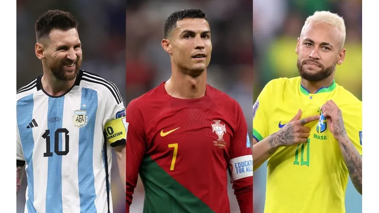 Lionel Messi (Argentina / left), Cristiano Ronaldo (Portugal / center), Neymar (Brazil / right) - Qatar 2022