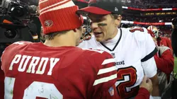 Brock Purdy and Tom Brady after the Week 14 game where the 49ers beat up the Buccaneers