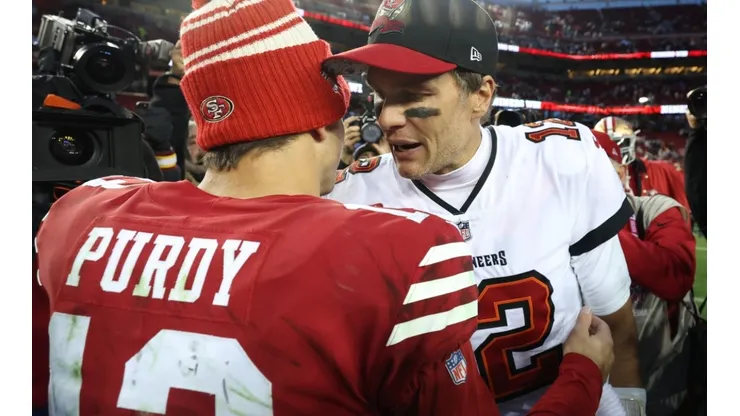 Brock Purdy and Tom Brady after the Week 14 game where the 49ers beat up the Buccaneers