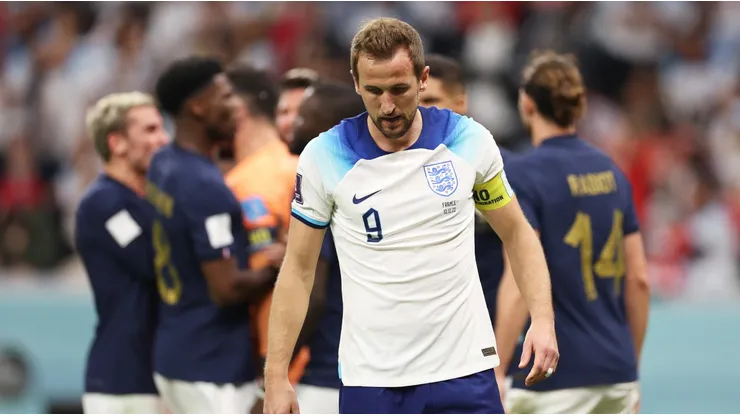 Harry Kane of England reacts after missing a penalty against France.