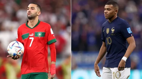 Hakim Ziyech of Morocco and Kylian Mbappe of France