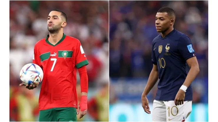 Hakim Ziyech of Morocco and Kylian Mbappe of France