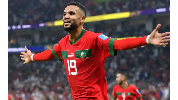 Youssef En-Nesyri of Morocco celebrates after scoring against Portugal