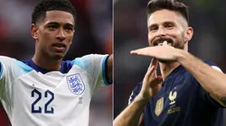 Jude Bellingham of England and Olivier Giroud of France