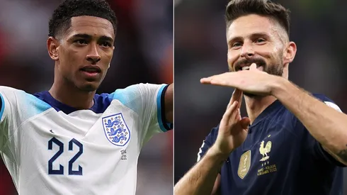 Jude Bellingham of England and Olivier Giroud of France