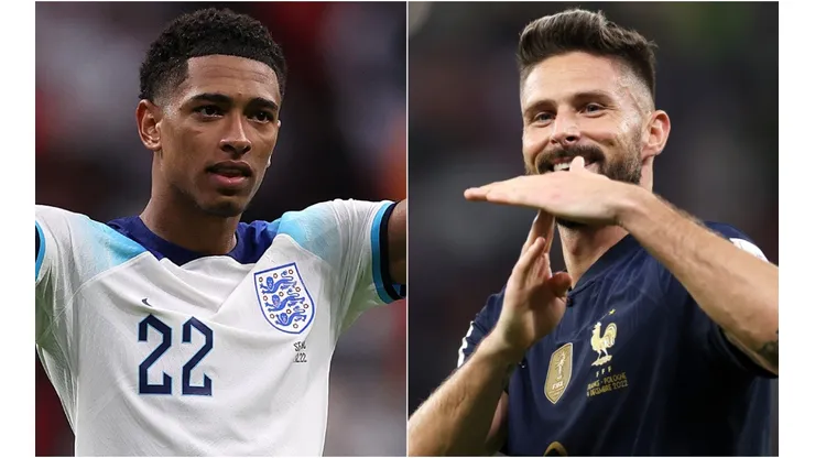Jude Bellingham of England and Olivier Giroud of France