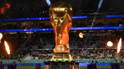 A detailed view of the giant model World Cup trophy prior to the FIFA World Cup Qatar 2022