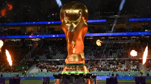 A detailed view of the giant model World Cup trophy prior to the FIFA World Cup Qatar 2022