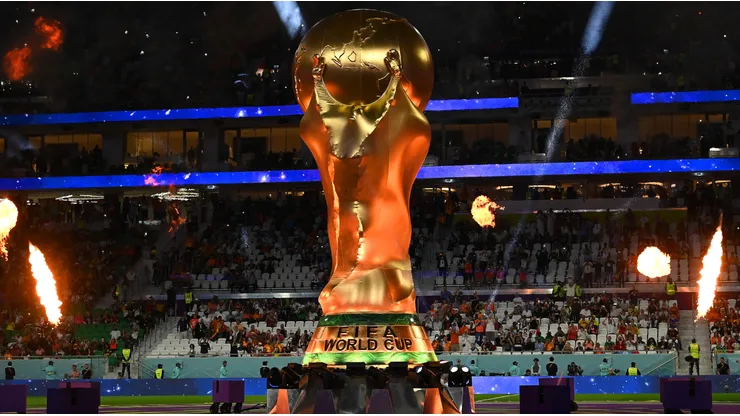 A detailed view of the giant model World Cup trophy prior to the FIFA World Cup Qatar 2022