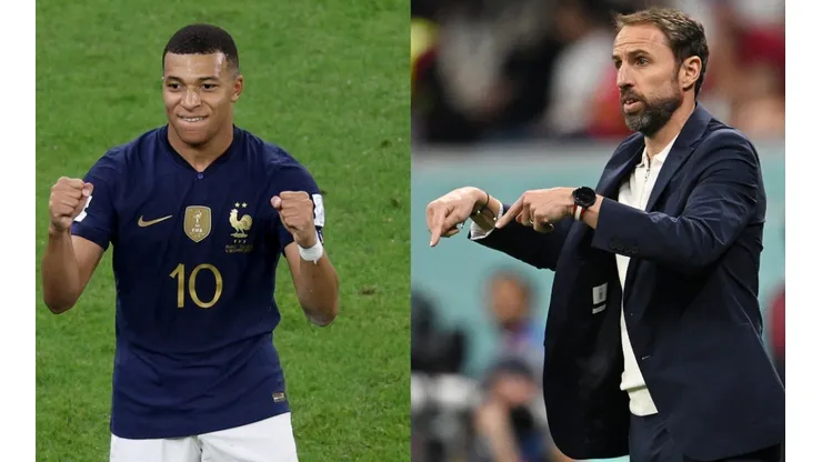 Kylian Mbappe of France and Gareth Southgate of England