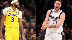 Anthony Davis of the Los Angeles Lakers and Luka Doncic of the Dallas Mavericks