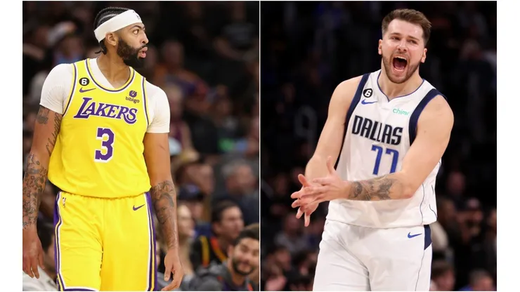Anthony Davis of the Los Angeles Lakers and Luka Doncic of the Dallas Mavericks