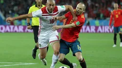 Noureddine Amrabat of Morocco battles with Andres Iniesta of Spain