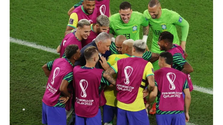 Brazil celebrate Richarlison's goal