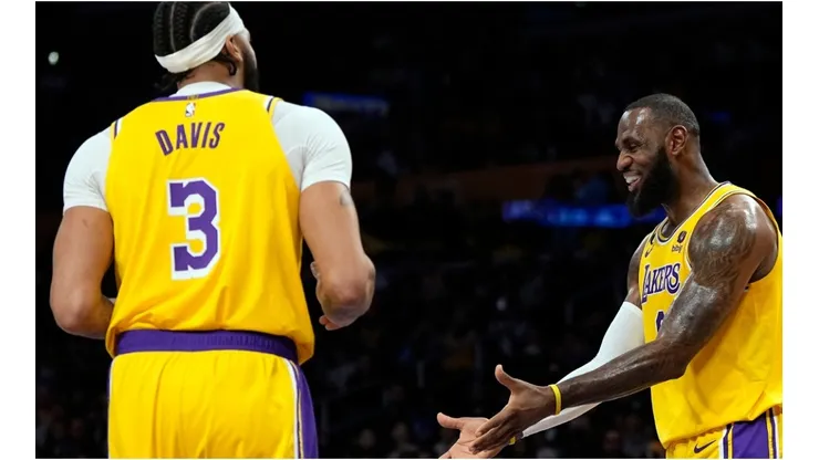 LeBron James of the Los Angeles Lakers reacts to Anthony Davis