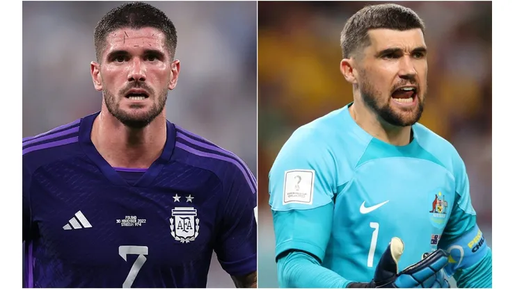Rodrigo De Paul of Argentina and Mathew Ryan of Australia