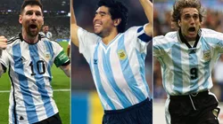Lionel Messi (left), Diego Maradona (c), and Gabriel Batistuta.
