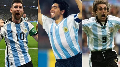 Lionel Messi (left), Diego Maradona (c), and Gabriel Batistuta.