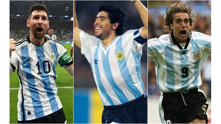 Lionel Messi (left), Diego Maradona (c), and Gabriel Batistuta.