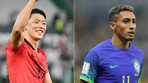 Heechan Hwang of Korea Republic (L) and Raphinha of Brazil (R)