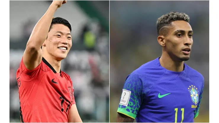 Heechan Hwang of Korea Republic (L) and Raphinha of Brazil (R)