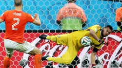 Sergio Romero of Argentina saves the penalty kick of Ron Vlaar of the Netherlands at the 2014 FIFA World Cup