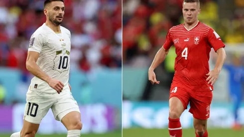 Dusan Tadic of Serbia and Nico Elvedi of Switzerland