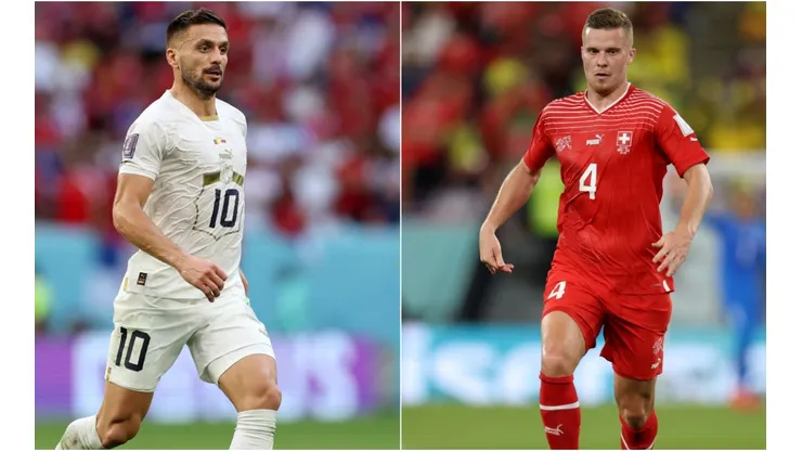 Dusan Tadic of Serbia and Nico Elvedi of Switzerland