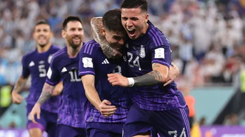 Julian Alvarez of Argentina celebrates with Enzo Fernandez after scoring their team's second goal during the FIFA World Cup Qatar 2022.