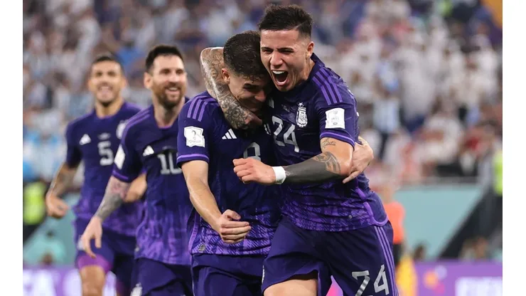Julian Alvarez of Argentina celebrates with Enzo Fernandez after scoring their team's second goal during the FIFA World Cup Qatar 2022.