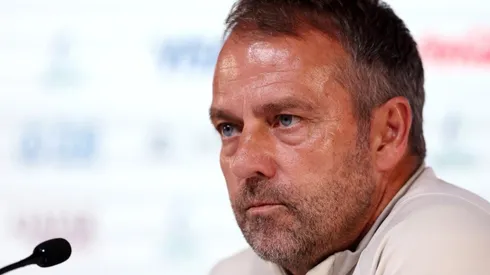 Hansi Flick, Head Coach of Germany, speaks during the Germany Press Conference at the Main Media Center on November 30, 2022 in Doha, Qatar.