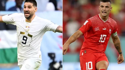 Aleksandar Mitrovic of Serbia and Granit Xhaka of Switzerland