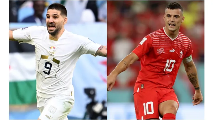 Aleksandar Mitrovic of Serbia and Granit Xhaka of Switzerland