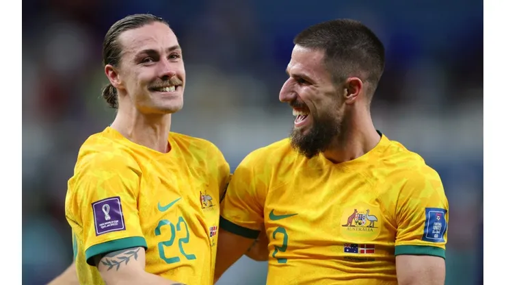 Jackson Irvine and Milos Degenek of Australia