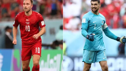Christian Eriksen of Denmark and Mathew Ryan of Australia