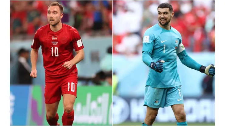 Christian Eriksen of Denmark and Mathew Ryan of Australia