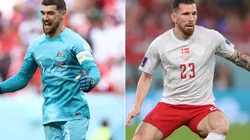 Mathew Ryan of Australia and Denmark player Pierre-Emile Hojbjerg