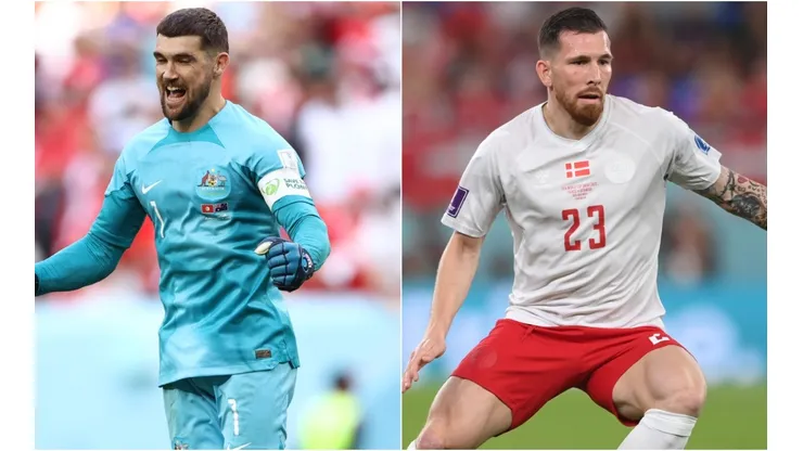 Mathew Ryan of Australia and Denmark player Pierre-Emile Hojbjerg